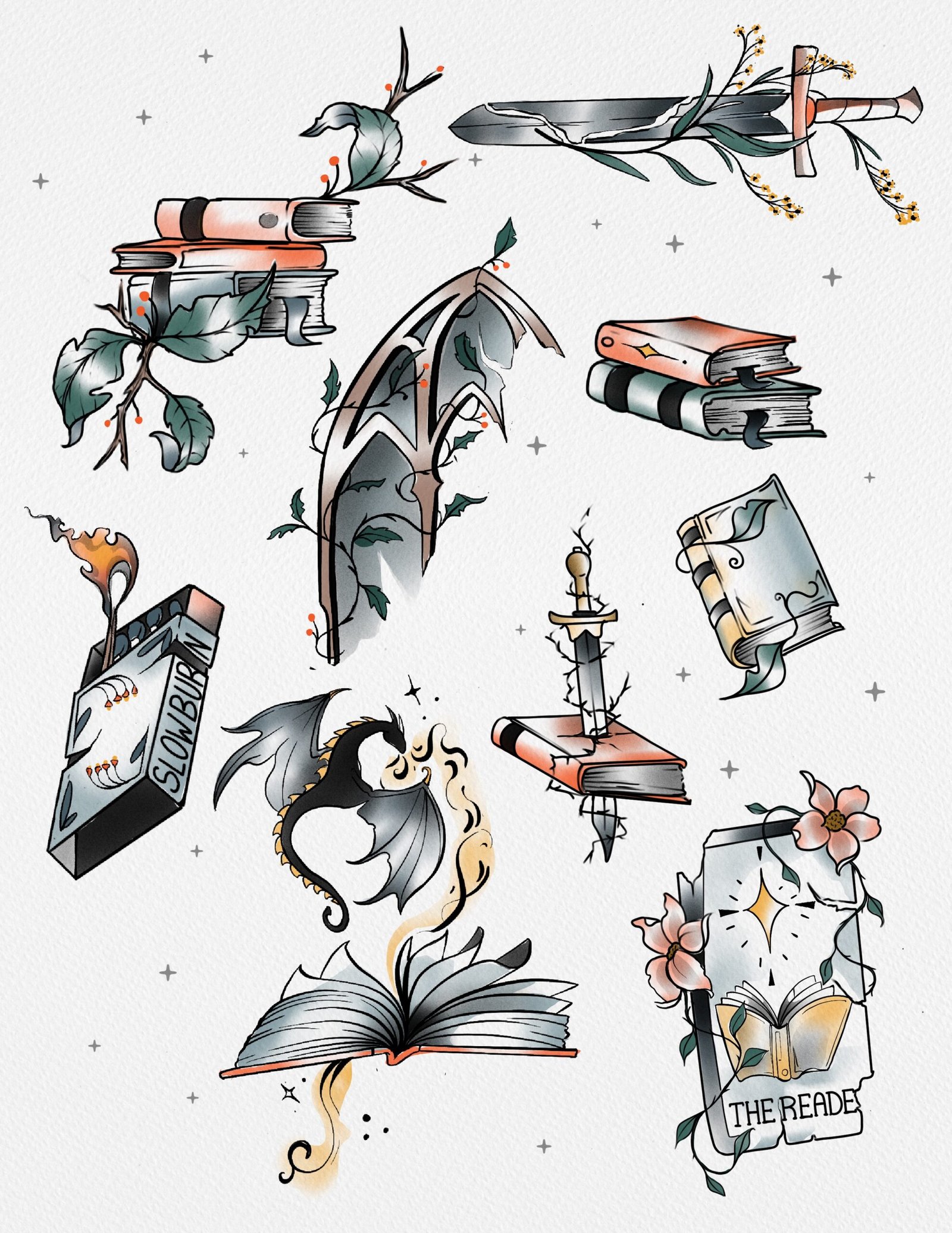 Fantasy book themed tattoo flash