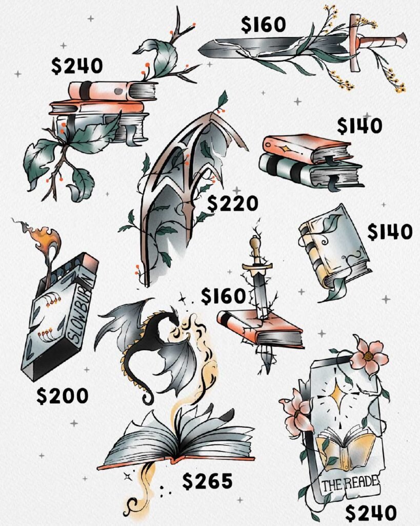 Manchester bookfest book themed tattoo flash for local manchester ct event on main st. Featuring books, swords, dragons, florals and tarot card. 