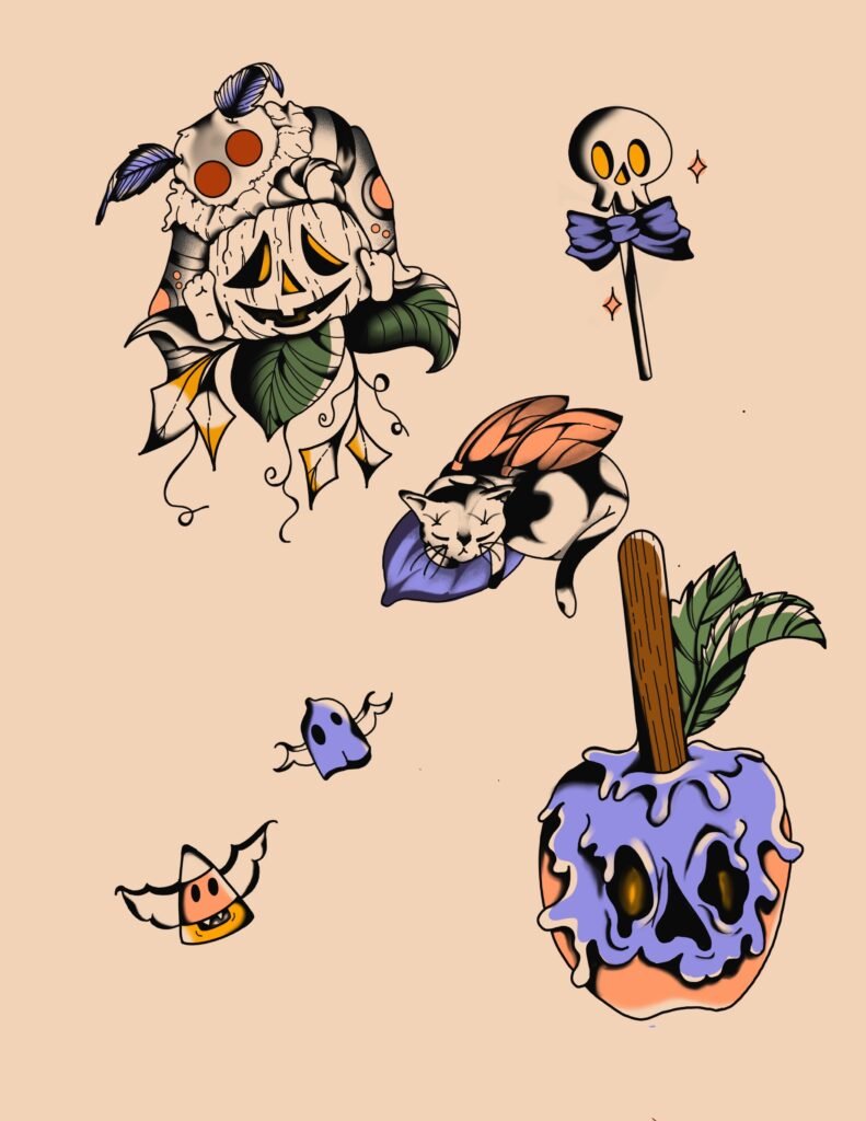 Halloween cute tattoo flash by Shannon Starvish at Wildwood Tattoos in Manchester CT. Illustrative delicate tattoos. 
