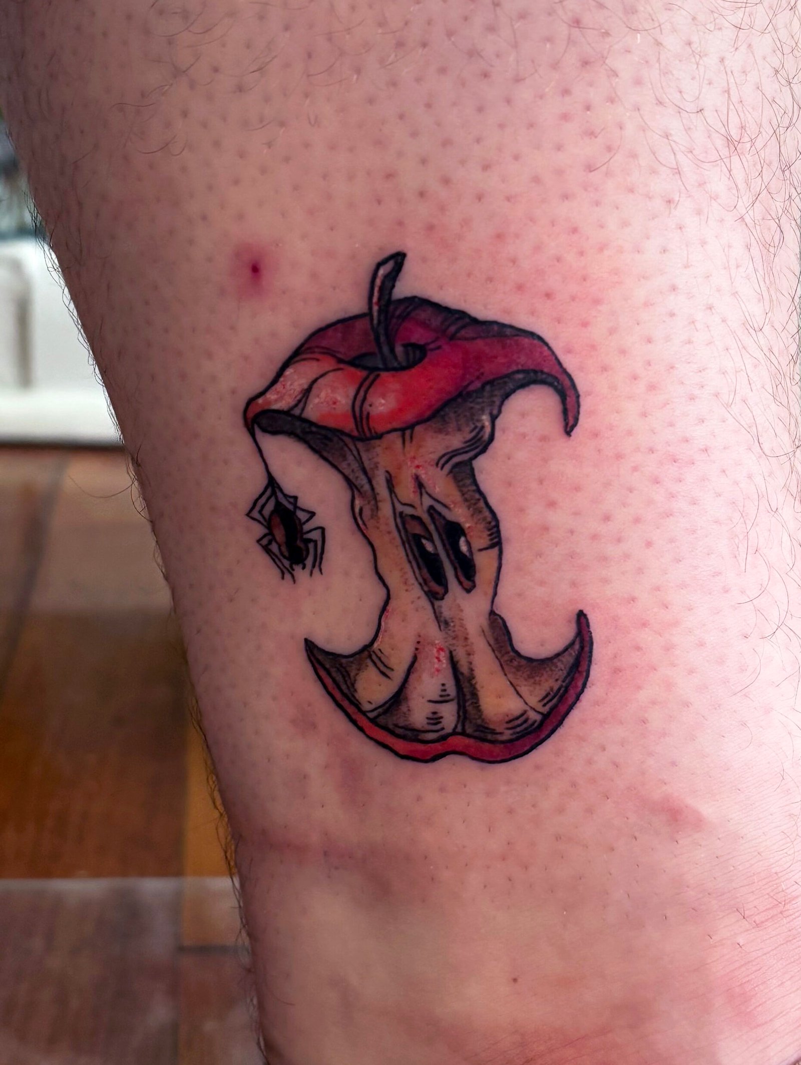 Red apple core with small spider color tattoo illustration realism style.