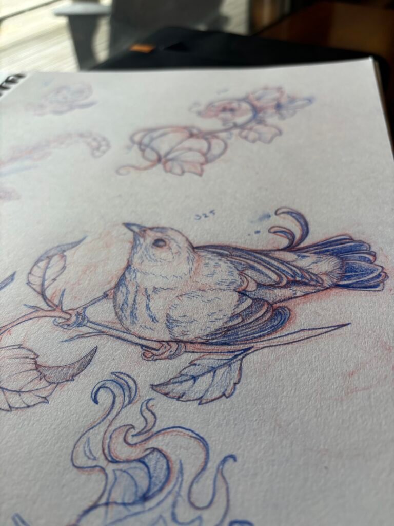 Blue and red pencil sketch of yellow finch tattoo design, for a fall flash design by tattoo artist Shannon Starvish. Sketchbook page