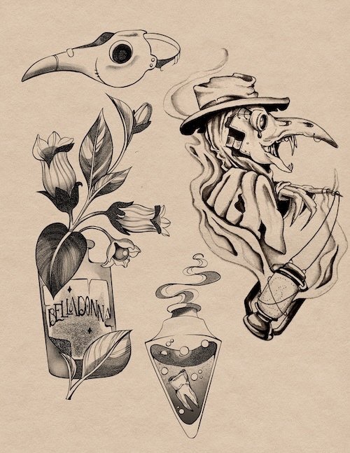 Creepy tattoo flash by Shannon Starvish at Wildwood Tattoos in Manchester CT. Illustrative delicate tattoos. 